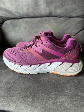 Hoka One One Gaviota 2 Purple with Orange Accents. Size 8